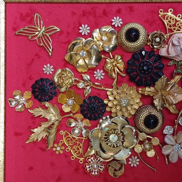 Framed Floral and Butterfly Upcycled Jewelry on a Red Velvet Background - Picture 3 of 6